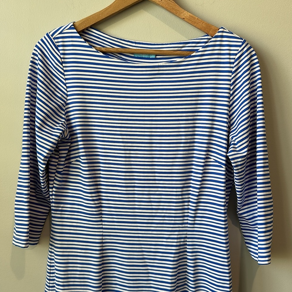 J McLaughlin Stretchy Striped Blue and White boatneck  Dress M - Picture 2 of 9